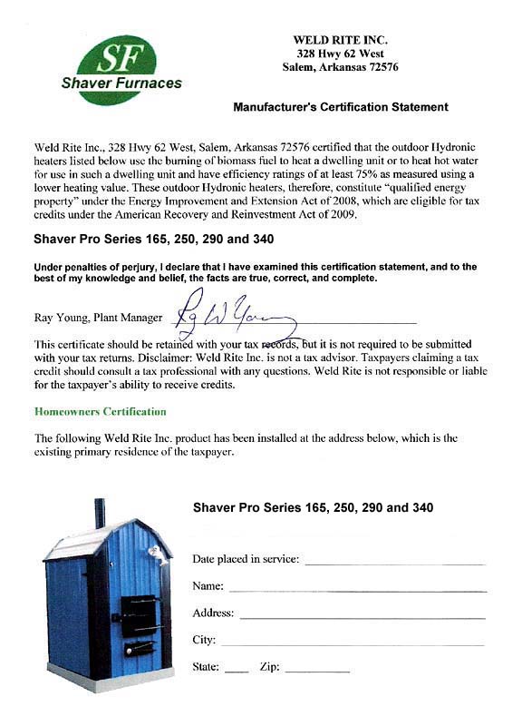 Manufacturer's Certification Statement - Shaver Outdoor Wood Burning Stove Furnace